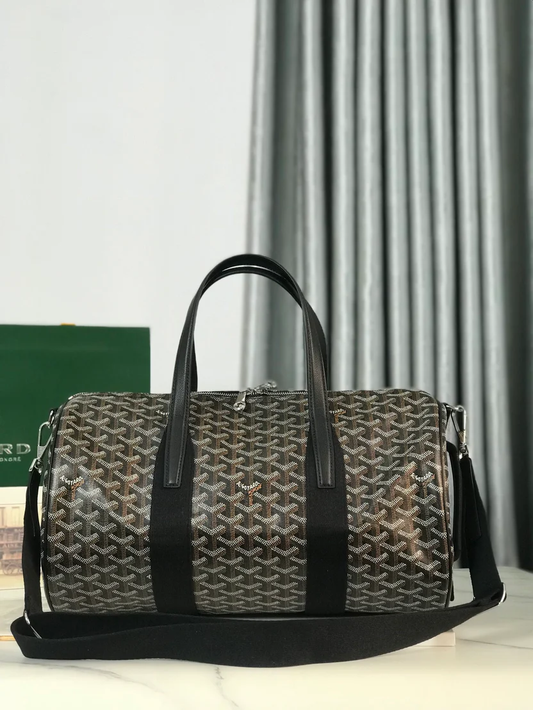 MIDNIGHT GRAPHITE CHEVRON BARREL DUFFEL WITH JET BLACK LEATHER ACCENTS
