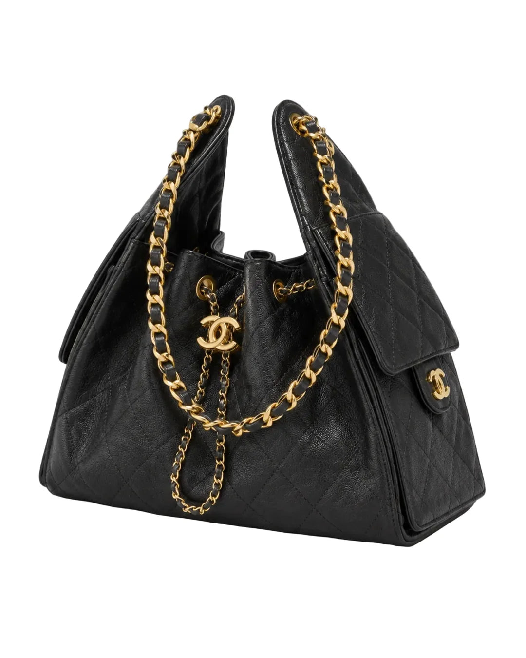 Quilted Leather Bucket Bag with Gold-Tone Chain and Drawstring Closure