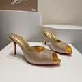 LUMINOUS GOLD OPEN-TOE HIGH-HEEL MULES WITH RADIANT METALLIC FINISH AND CONTOURED SLIP-ON DESIGN