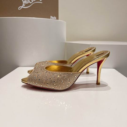 LUMINOUS GOLD OPEN-TOE HIGH-HEEL MULES WITH RADIANT METALLIC FINISH AND CONTOURED SLIP-ON DESIGN