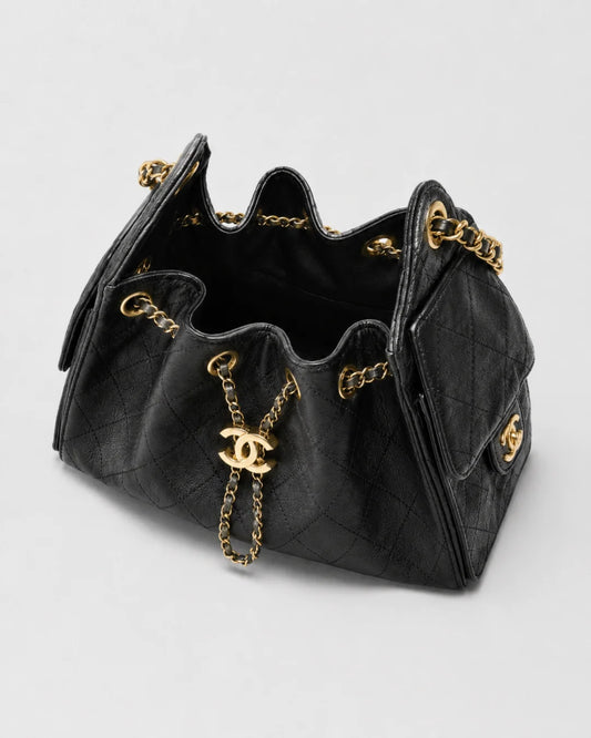 Quilted Leather Bucket Bag with Gold-Tone Chain and Drawstring Closure
