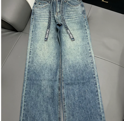 EMBELLISHED DENIM JEANS CRYSTAL BELT