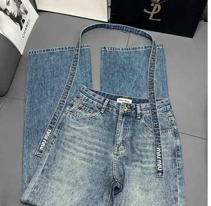 EMBELLISHED DENIM JEANS CRYSTAL BELT