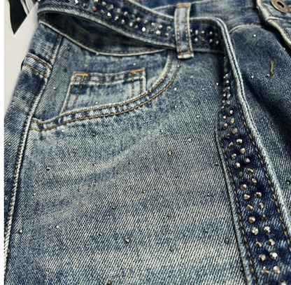 EMBELLISHED DENIM JEANS CRYSTAL BELT