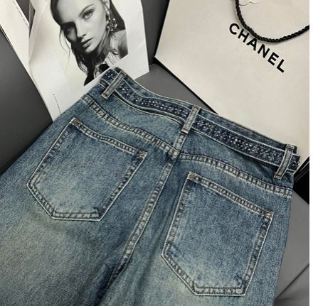 EMBELLISHED DENIM JEANS CRYSTAL BELT