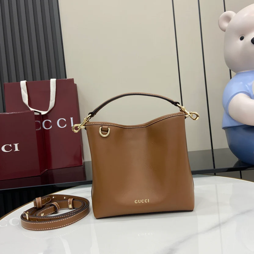EMBLEM MINI BUCKET BAG BROWN LEATHER