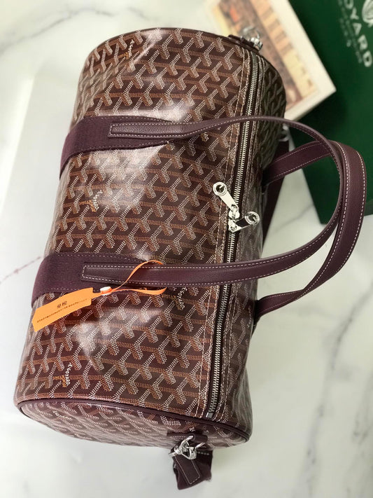 ARTISAN CHEVRON MONOGRAM BARREL DUFFEL WITH DEEP BURGUNDY ACCENTS