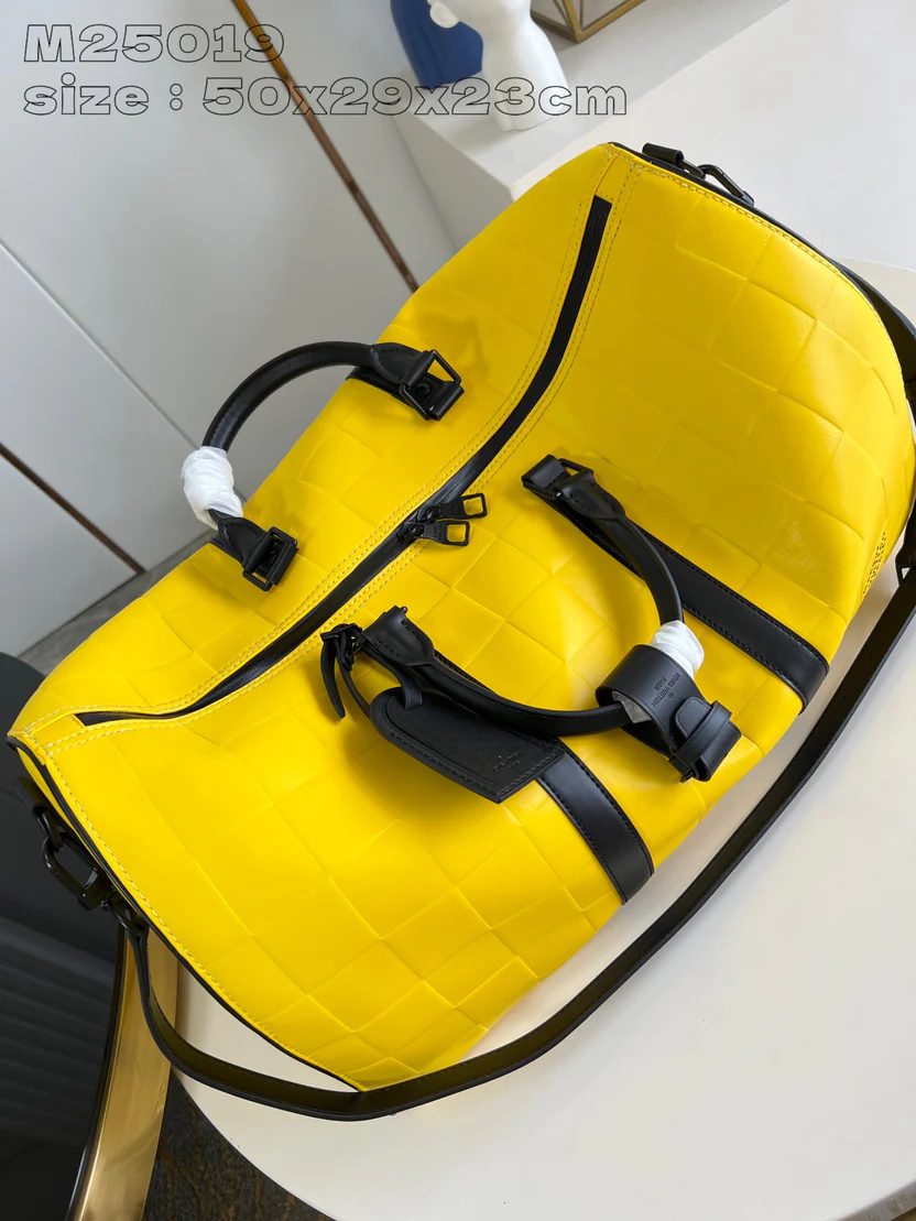 VIBRANT CITRUS YELLOW GEOMETRIC TRAVEL DUFFEL WITH JET BLACK REINFORCEMENTS