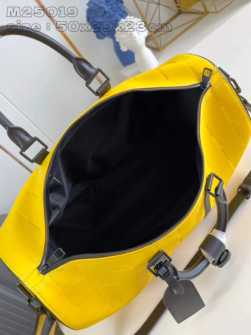 VIBRANT CITRUS YELLOW GEOMETRIC TRAVEL DUFFEL WITH JET BLACK REINFORCEMENTS