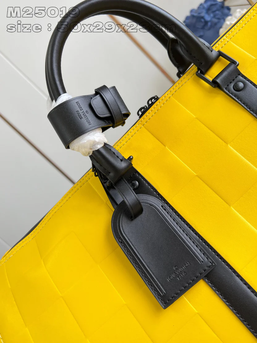 VIBRANT CITRUS YELLOW GEOMETRIC TRAVEL DUFFEL WITH JET BLACK REINFORCEMENTS