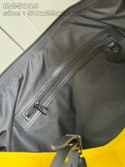 VIBRANT CITRUS YELLOW GEOMETRIC TRAVEL DUFFEL WITH JET BLACK REINFORCEMENTS