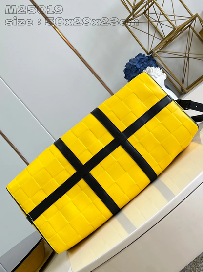 VIBRANT CITRUS YELLOW GEOMETRIC TRAVEL DUFFEL WITH JET BLACK REINFORCEMENTS