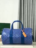 ROYAL AZURE CHEVRON BARREL DUFFEL WITH MONOCHROMATIC LEATHER ACCENTS