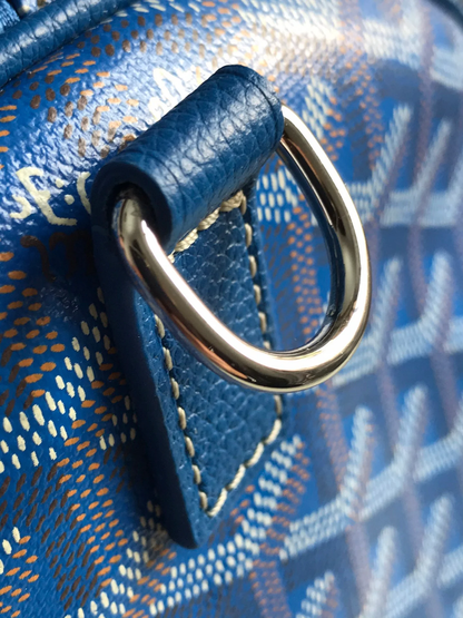 ROYAL AZURE CHEVRON BARREL DUFFEL WITH MONOCHROMATIC LEATHER ACCENTS