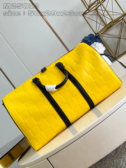 VIBRANT CITRUS YELLOW GEOMETRIC TRAVEL DUFFEL WITH JET BLACK REINFORCEMENTS