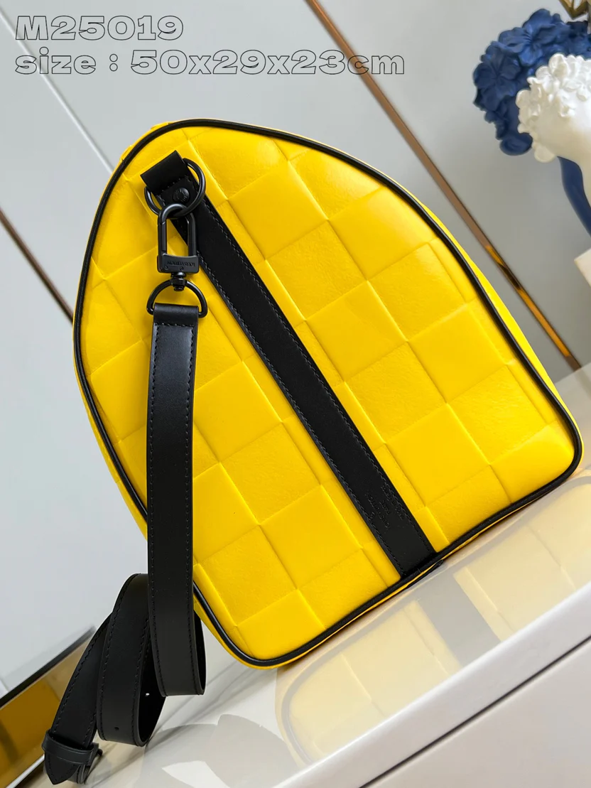VIBRANT CITRUS YELLOW GEOMETRIC TRAVEL DUFFEL WITH JET BLACK REINFORCEMENTS