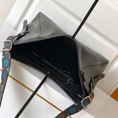 SLEEK LEATHER HOBO BAG WITH MULTICOLOR ACCENT STRAP
