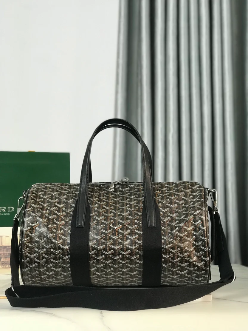MIDNIGHT GRAPHITE CHEVRON BARREL DUFFEL WITH JET BLACK LEATHER ACCENTS