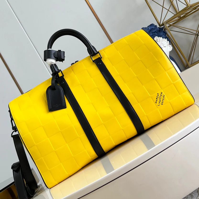 VIBRANT CITRUS YELLOW GEOMETRIC TRAVEL DUFFEL WITH JET BLACK REINFORCEMENTS