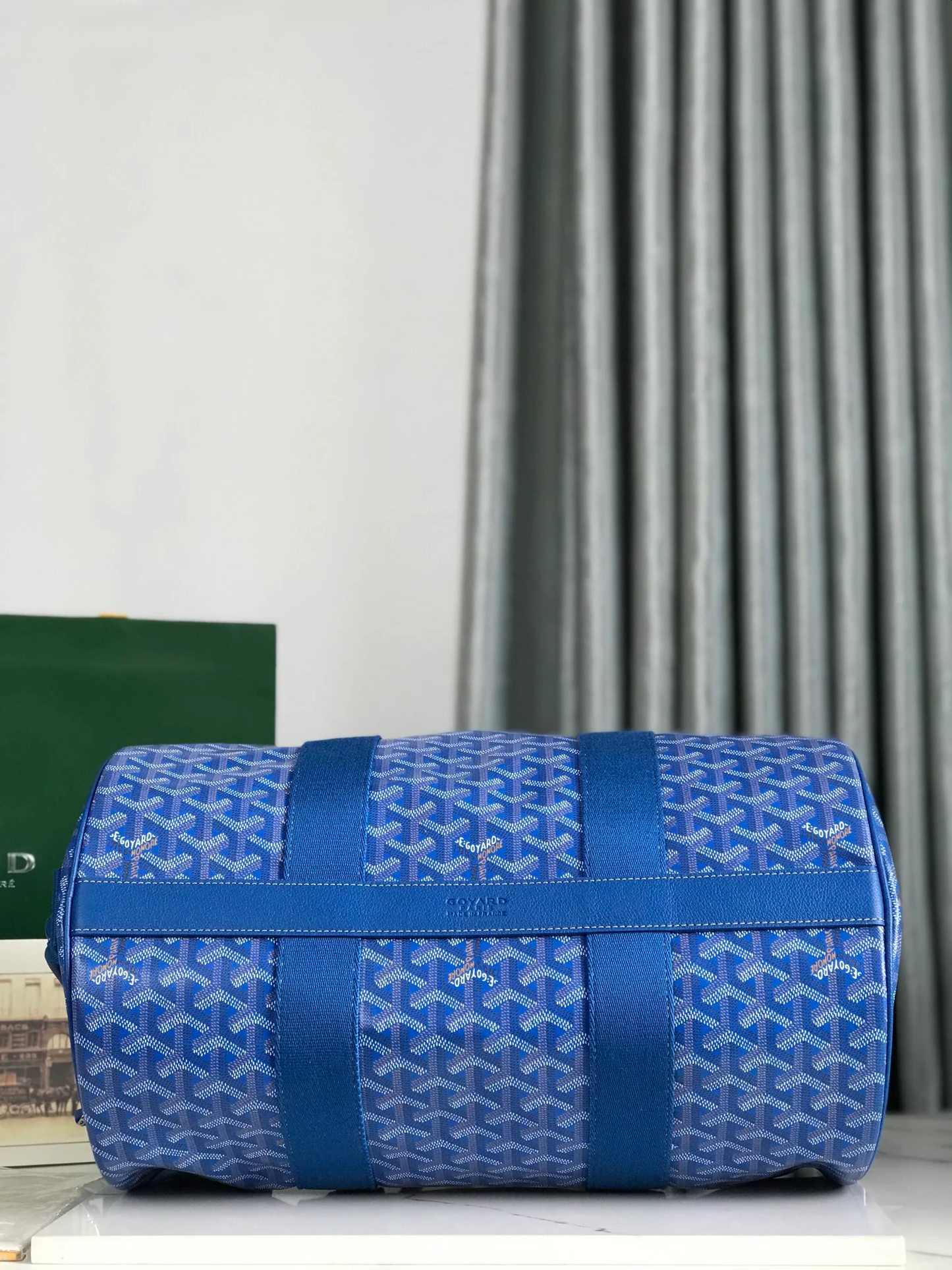 ROYAL AZURE CHEVRON BARREL DUFFEL WITH MONOCHROMATIC LEATHER ACCENTS